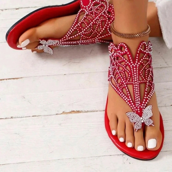 Summer New Genuine Leather Flat & Low-Heeled Cross-Toe Sandals With Rhinestone - Picture 4 of 6